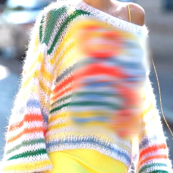 PINK LEMONADE COUTURE Sweaters - MULTICOLOR ORANGE, WHITE , BLUE AND YELLOW FLUFFY OFF THE SHOULDER SWEATER